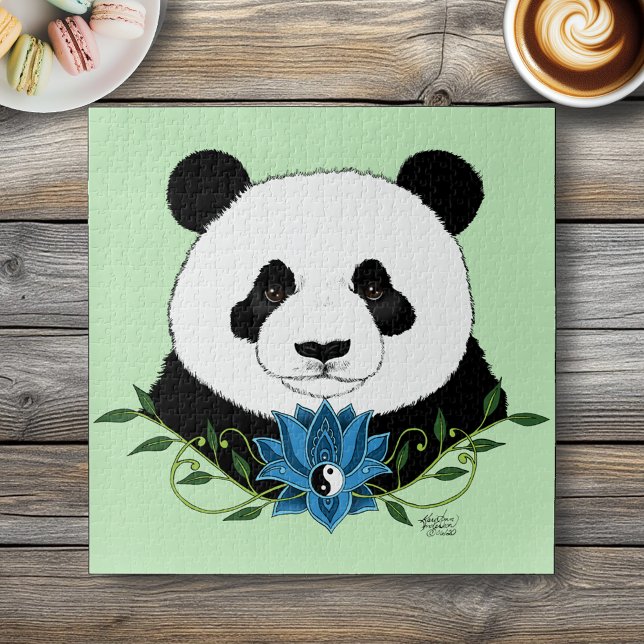 Zen Panda Bear Blue Lotus Yin Yang Green Jigsaw Puzzle (Creator Uploaded)