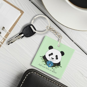 Zen Panda Bear Blue Lotus Yin Yang Green Keychain