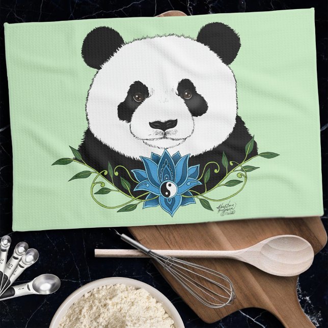 Zen Panda Bear Blue Lotus Yin Yang Green Kitchen Towel (Creator Uploaded)