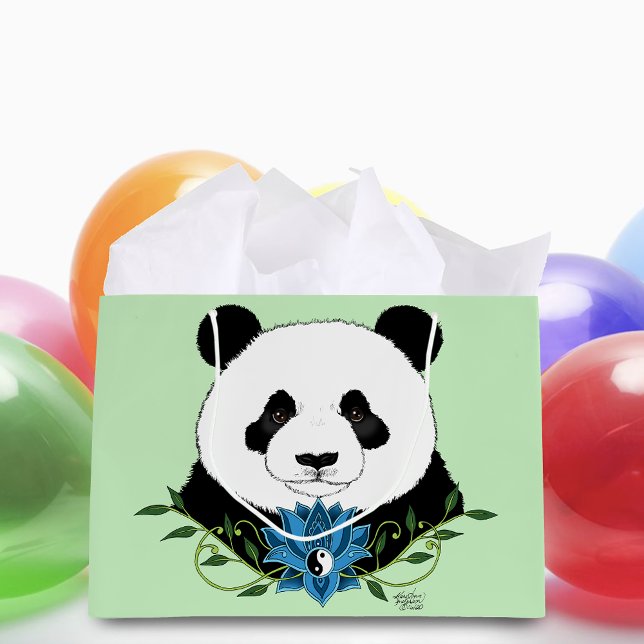 Zen Panda Bear Blue Lotus Yin Yang Green Large Gift Bag (Creator Uploaded)