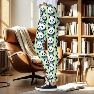 Zen Panda Bear Blue Lotus Yin Yang Green Leggings