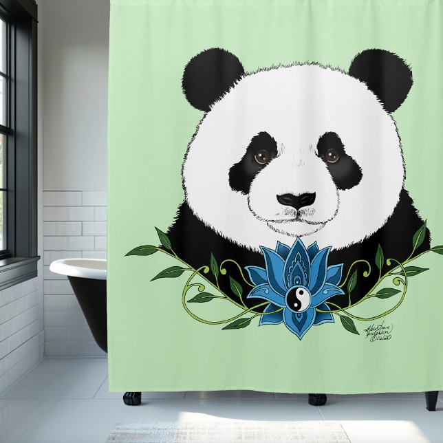 Zen Panda Bear Blue Lotus Yin Yang Green Shower Curtain (Creator Uploaded)
