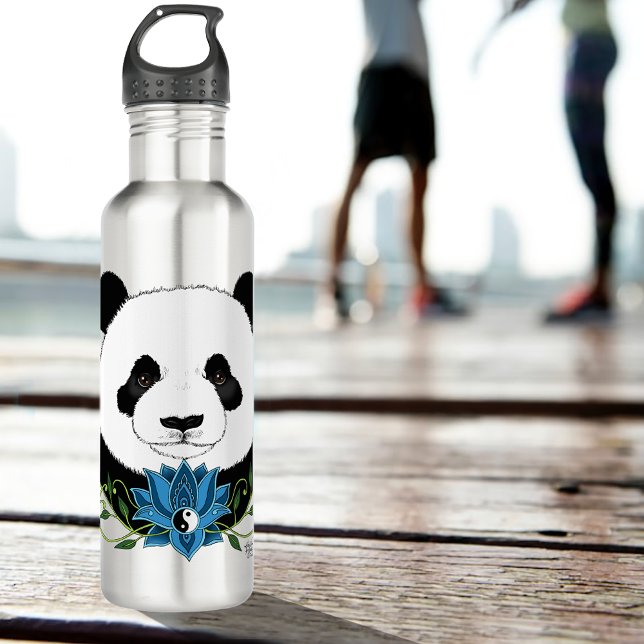 Zen Panda Bear Blue Lotus Yin Yang Green Stainless Steel Water Bottle (Creator Uploaded)