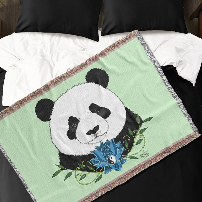 Zen Panda Bear Blue Lotus Yin Yang Green Throw Blanket (Creator Uploaded)