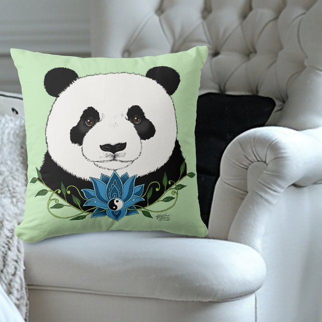 Zen Panda Bear Blue Lotus Yin Yang Green Throw Pillow (Creator Uploaded)