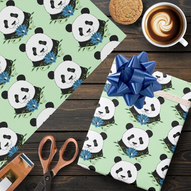 Zen Panda Bear Blue Lotus Yin Yang Green Wrapping Paper (Creator Uploaded)