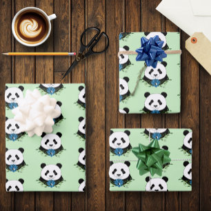 Zen Panda Bear Blue Lotus Yin Yang Green Wrapping Paper Sheets