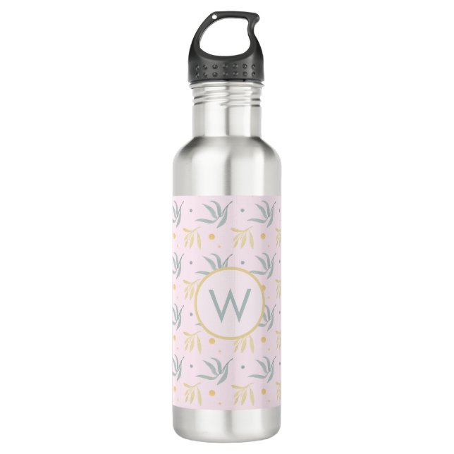Zen Pastel Pink Botanical Pattern Monogram  Stainless Steel Water Bottle (Front)