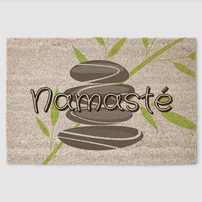 Zen pebble stones stack and bamboo plant Namasté Fiber Doormat (Front)
