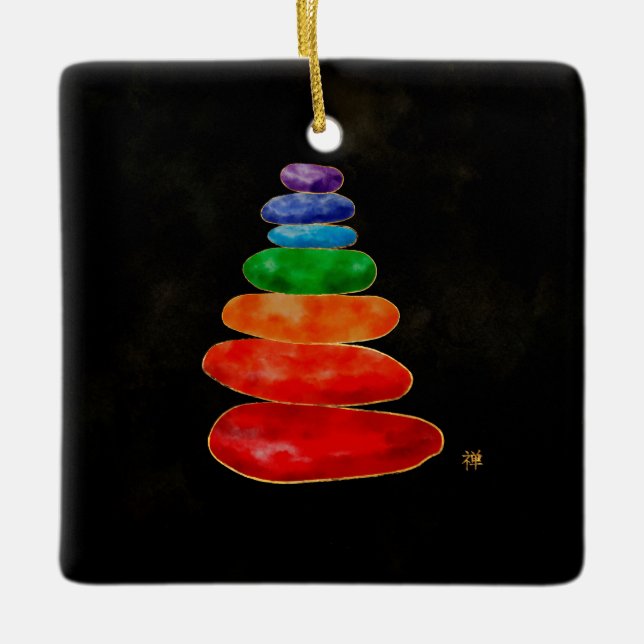 Zen Pebbles Chakras - Watercolor & Gold Ceramic Ornament (Front)