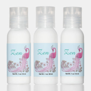 Zen pink peacock bird on light blue hand lotion