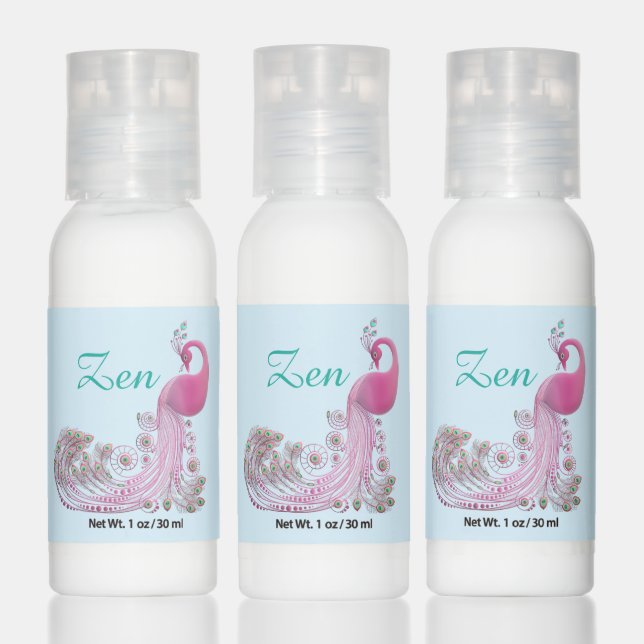 Zen pink peacock bird on light blue hand lotion (Set)