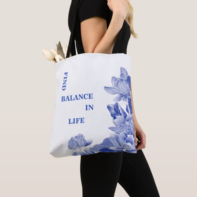 Zen Quote Blue & White Lotus Flower Mandala Tote Bag (Close Up)