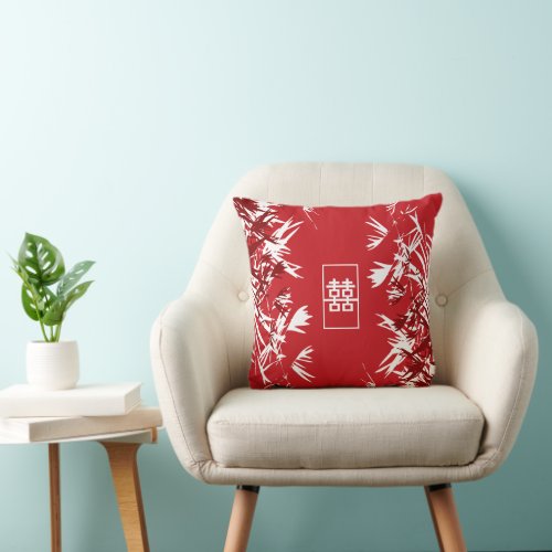 Zen Red Bamboo Leaves Modern Chic Double Happiness Throw Pillow