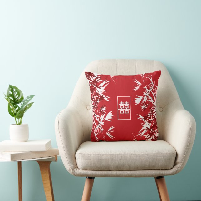 Zen Red Bamboo Leaves Modern Chic Double Happiness Throw Pillow (Chair)