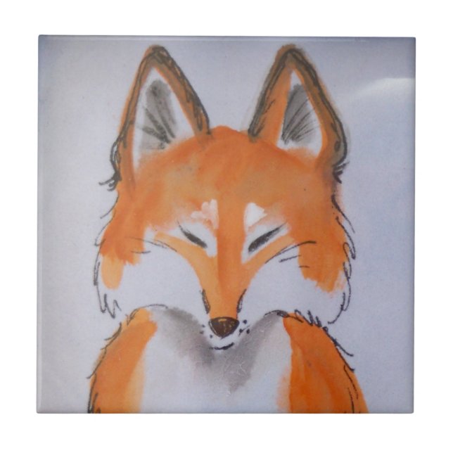 Zen Red Fox Art Minimal White Animal Painting Ceramic Tile (Front)