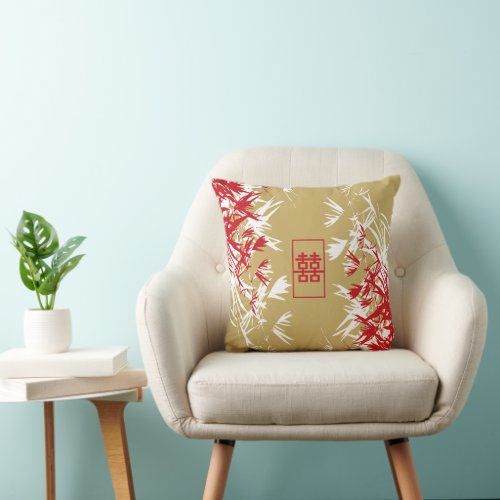 Zen Red Gold Bamboo Leaves Modern Double Happiness Throw Pillow