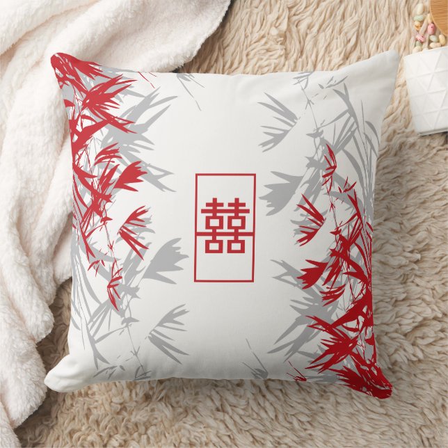Zen Red Grey Bamboo Leaves Modern Double Happiness Throw Pillow (Blanket)