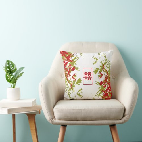 Zen Red Jade Bamboo Leaves Modern Double Happiness Throw Pillow