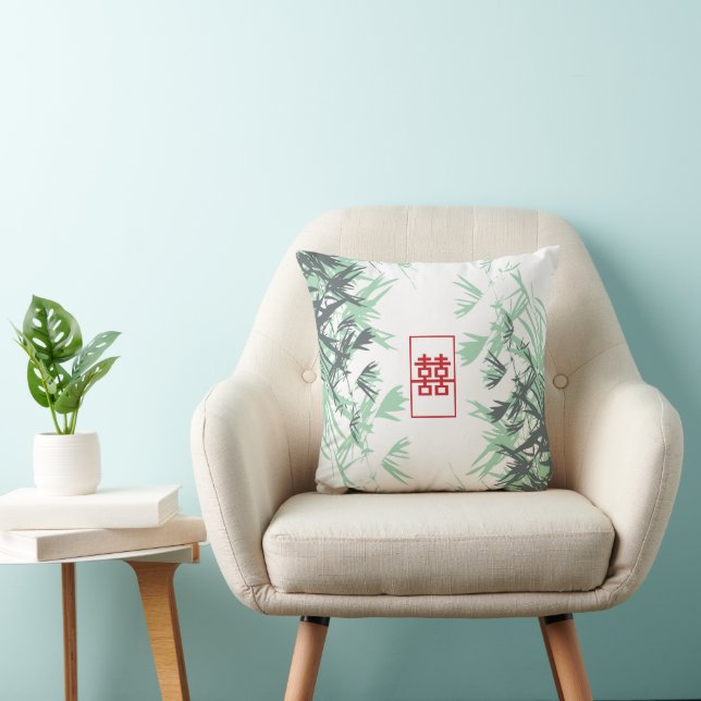 Zen Red Mint Bamboo Leaves Modern Double Happiness Throw Pillow (Chair)