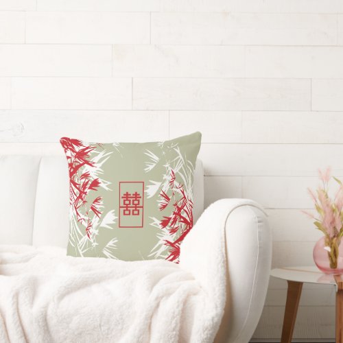 Zen Red Moss Bamboo Leaves Modern Double Happiness Throw Pillow