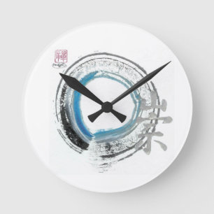 Zen Reverence,  Enso[blue, black, silver tones] Round Clock