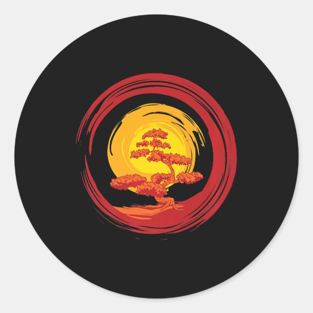 Zen Rising Sun Bonsai Tree Japanese Calligraphy Classic Round Sticker (Front)