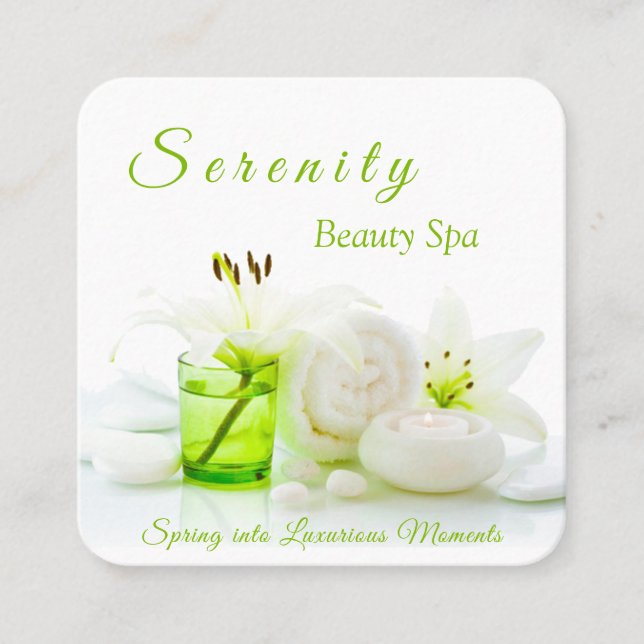 Zen Rocks & Lilly Flower Green & White Beauty Spa Square Business Card (Front)