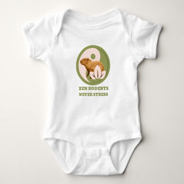 Zen Rodents Never Stress Capybara Humor Baby Bodysuit (Front)