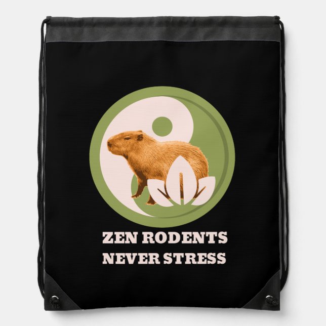 Zen Rodents Never Stress Capybara Humor Drawstring Bag (Front)