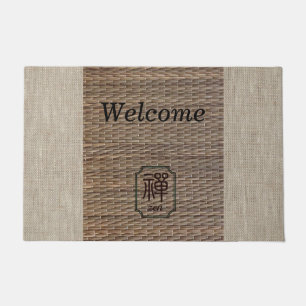 Zen rustic burlap tatami print brown beige welcome doormat