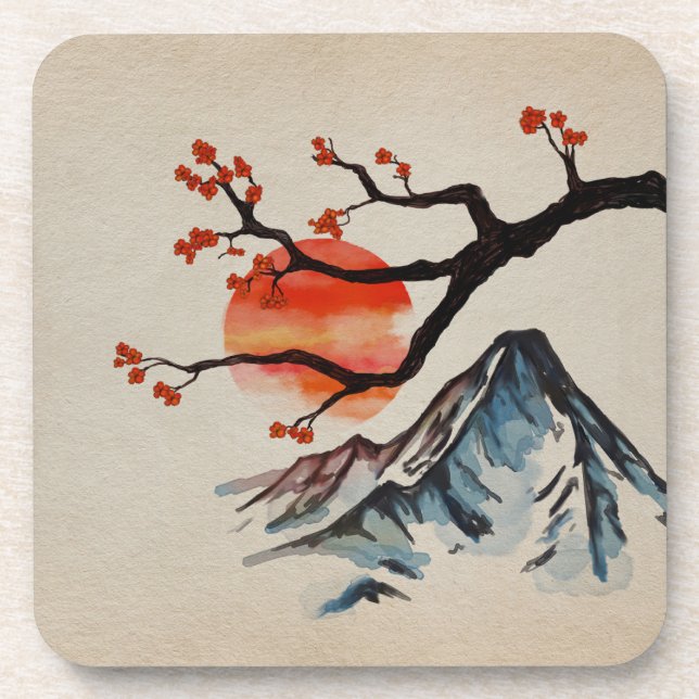 Zen Serenity Landscape - Sakura Mountain Sunset Beverage Coaster (Front)