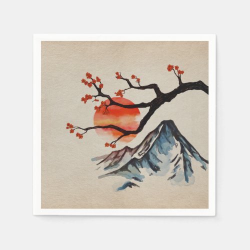 Zen Serenity Landscape _ Sakura Mountain Sunset Napkins