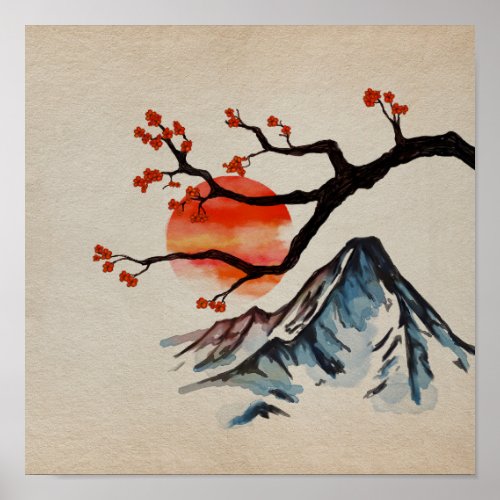 Zen Serenity Landscape _ Sakura Mountain Sunset Poster