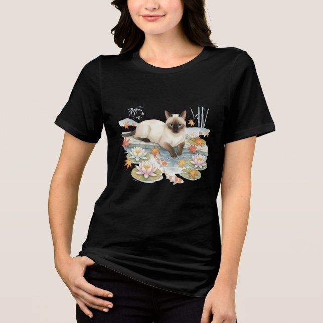 Zen Siamese Cat & Koi Pond T-Shirt Tri-Blend Shirt (Front)