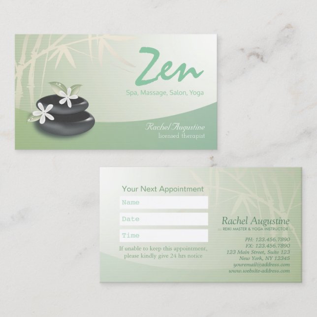 ZEN Stone Bamboo SPA Massage Therapist Appointment Card (Front/Back)