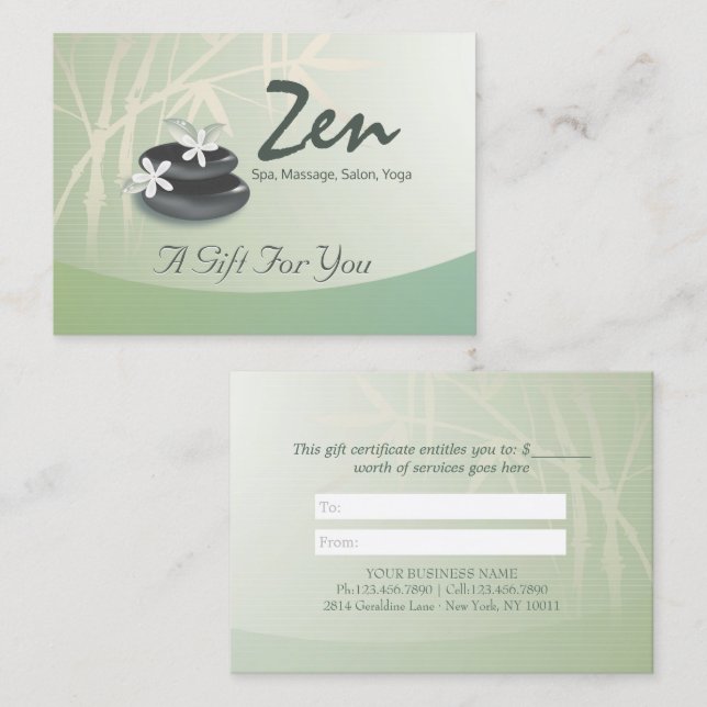 ZEN Stone Bamboo YOGA SPA Massage Gift Certificate (Front/Back)