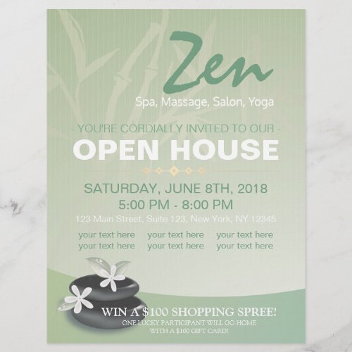 ZEN Stone Bamboo YOGA SPA Massage Salon Open House Flyer