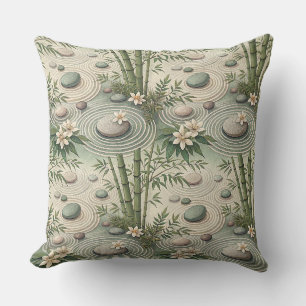 Zen Stone & Green Japanese Bamboo Floral Pattern Throw Pillow