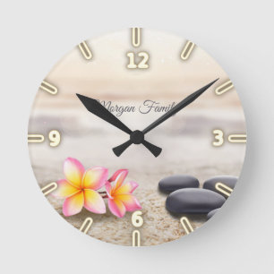 Zen Stones,Flowers,Gold Spirituality Round Clock