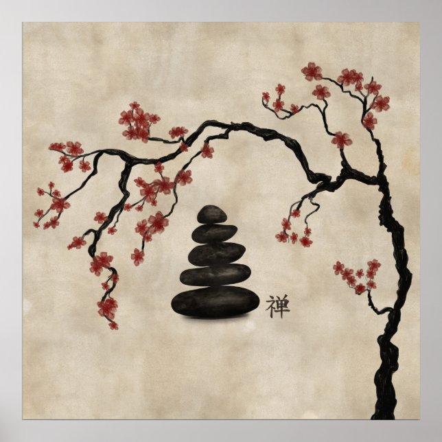 Zen stones Sakura Tree Poster (Front)