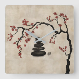 Zen stones Sakura Tree Square Wall Clock