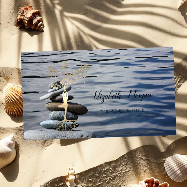 Zen Stones,Sea,Gold Tree Silhouette Business Card (Creator Uploaded)