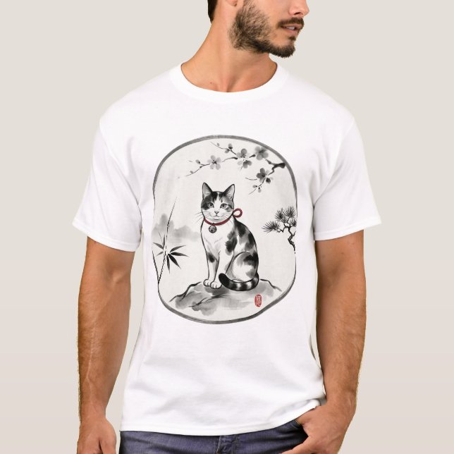 Zen Sumi-e Style Ink Wash Cat Art T-Shirt (Front)