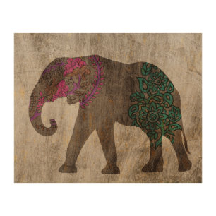 Zen Tribal Asian Elephant Wood Wall Decor