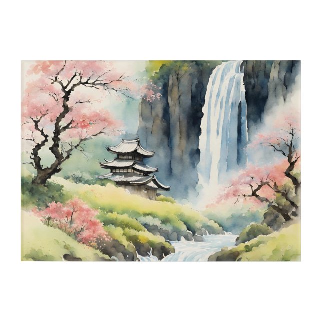 Zen Watercolor Waterfall Acrylic Wall Art (Front)