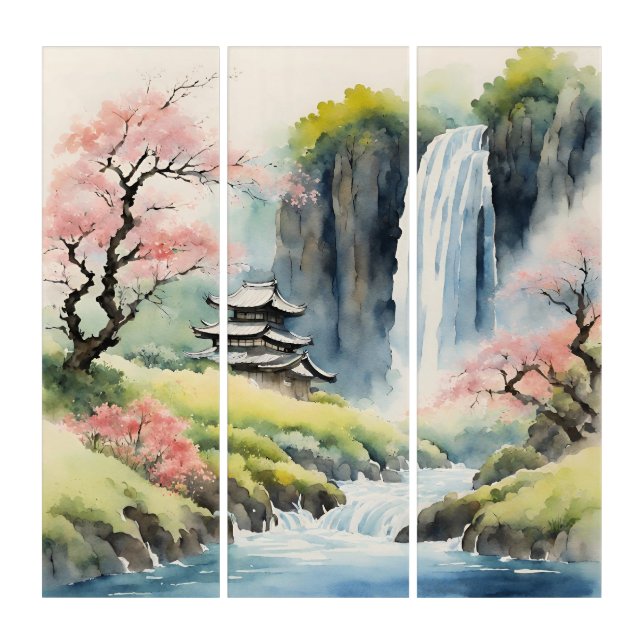 Zen Watercolor Waterfall Tri-Panel Wall Art (Front)