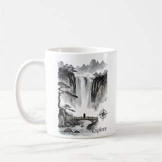 Zen Waterfall Mountain Ink Art Explore Compass Coffee Mug