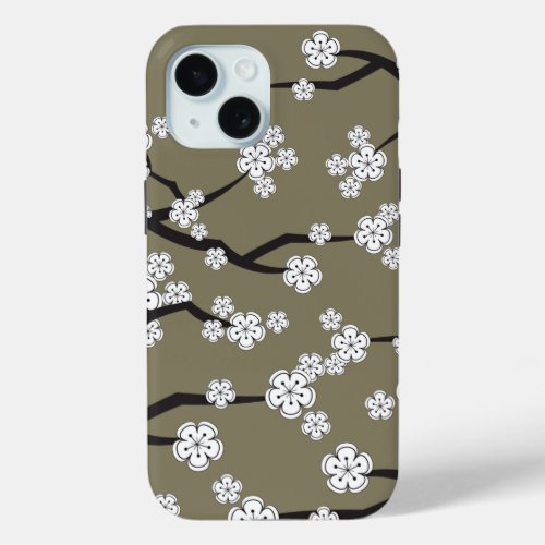 Zen White Sakura Cherry Blossom Flowers On Gray iPhone 15 Case