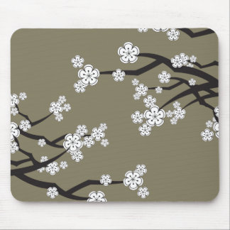 Zen White Sakura Cherry Blossom Flowers On Gray Mouse Pad